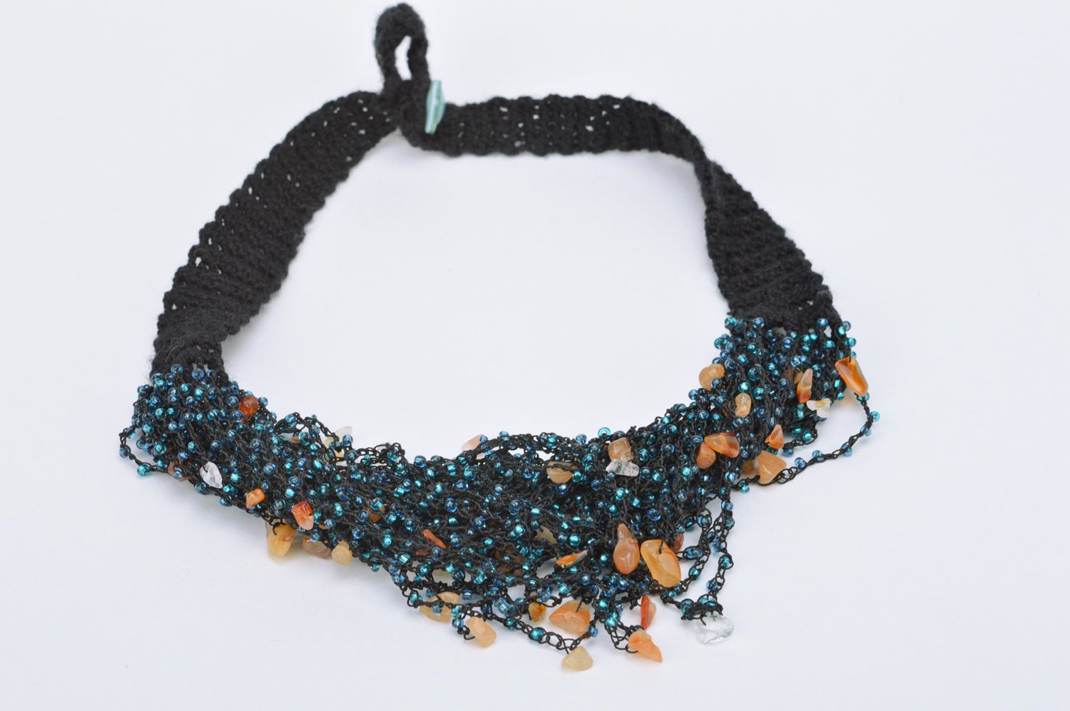 Handmade elegant black necklace woven of threads and beads with button fastener photo 2