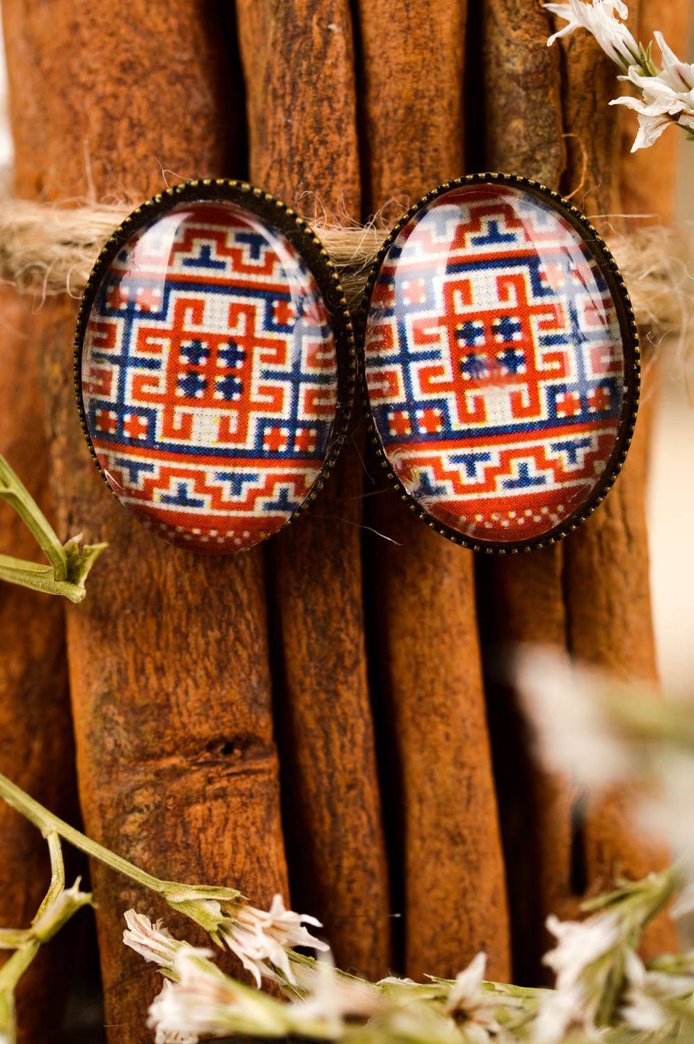 Handmade stylish earrings with ethnic print ethnic earrings vintage jewelry photo 1