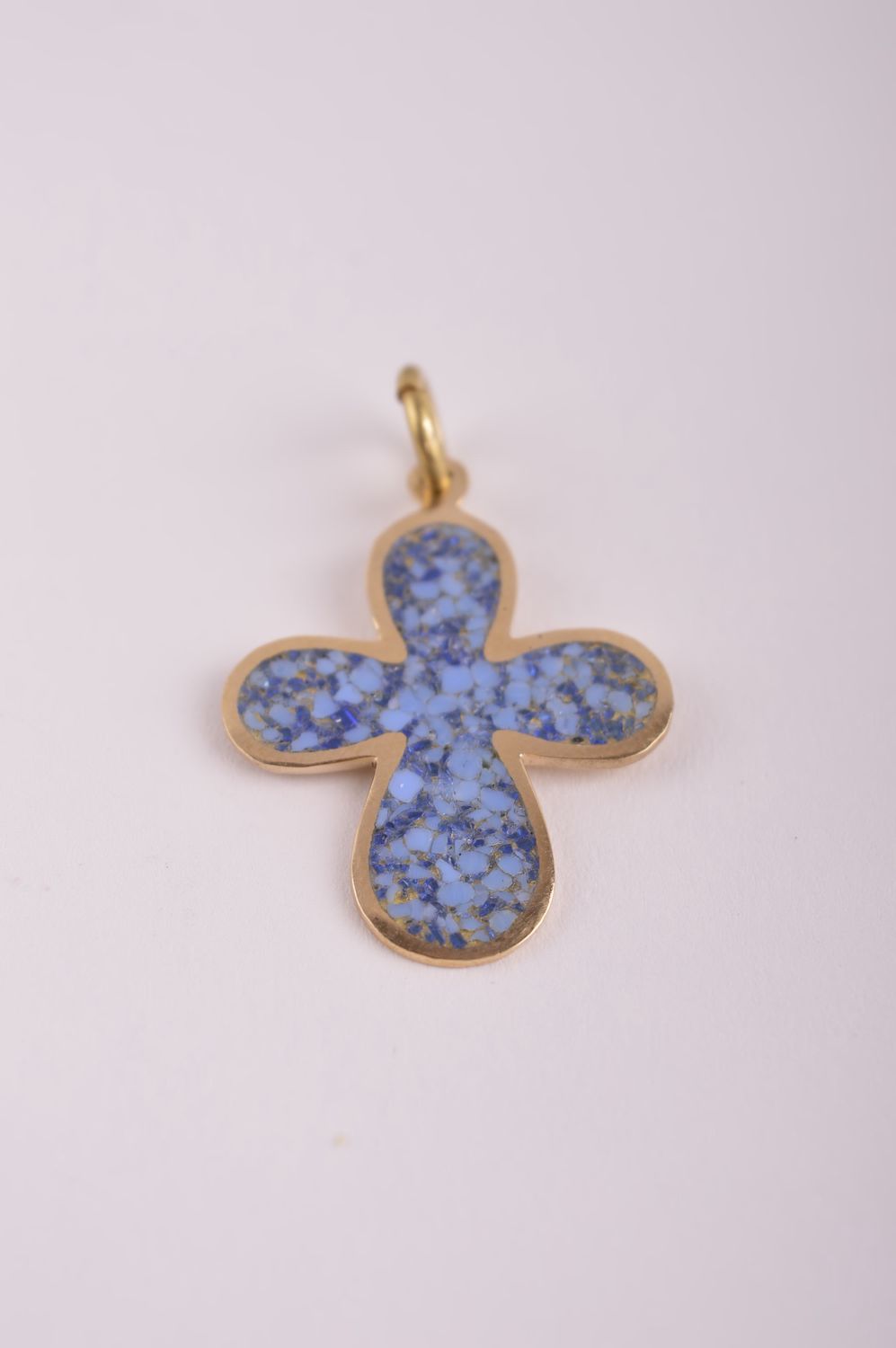 Крестик с камнями handmade подвеска на шею голубое украшение из латуни фото 2