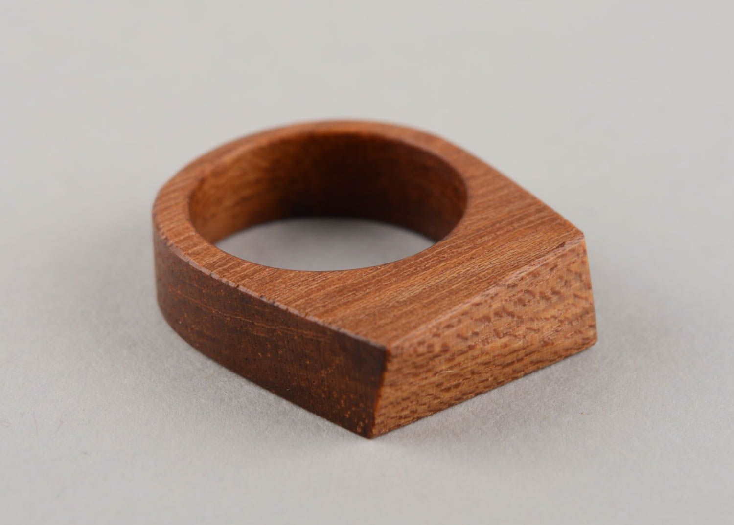 Handmade designer light brown female ring made of wood of unusual shape photo 4