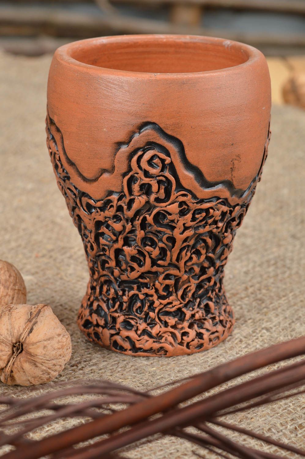 Wine ceramic goblet, wine cup with ancient pattern 0,55 lb photo 1