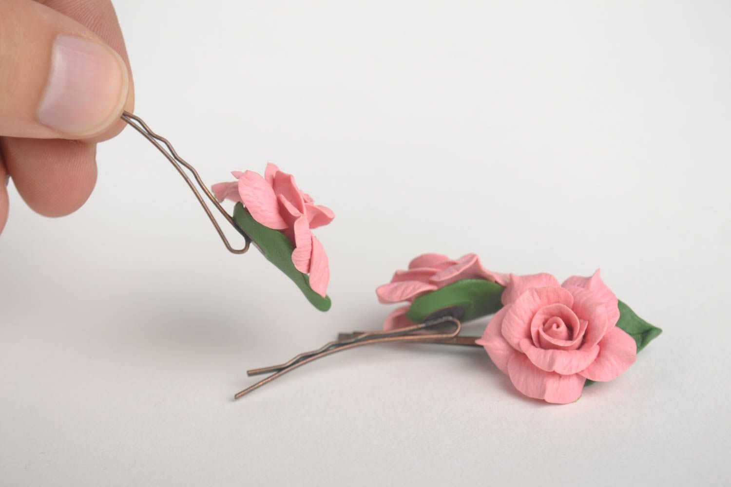 Blume Haarspangen handgemachter Schmuck Accessoires für Haare rosa Rosen Set 3 foto 5