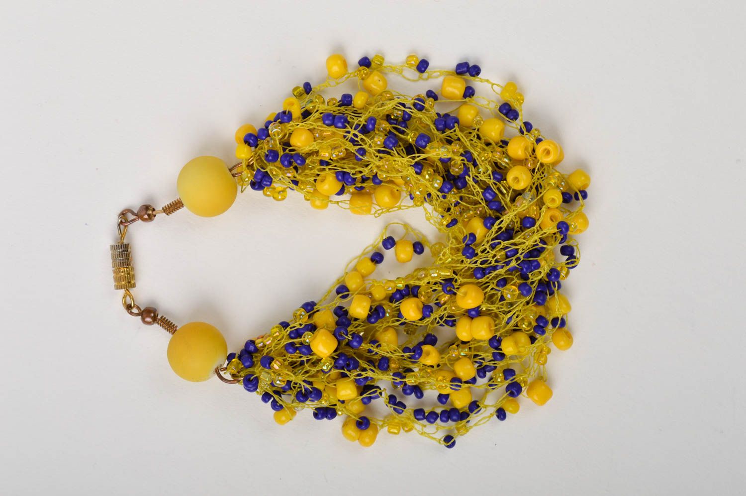 Yellow and blue beads bracelet on the thin yellow cord for women photo 5