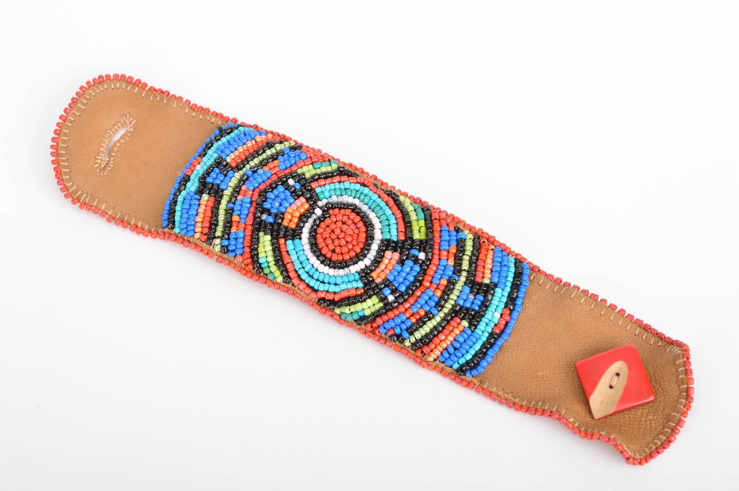 The handmade designer beaded bracelet on a leather basis photo 2