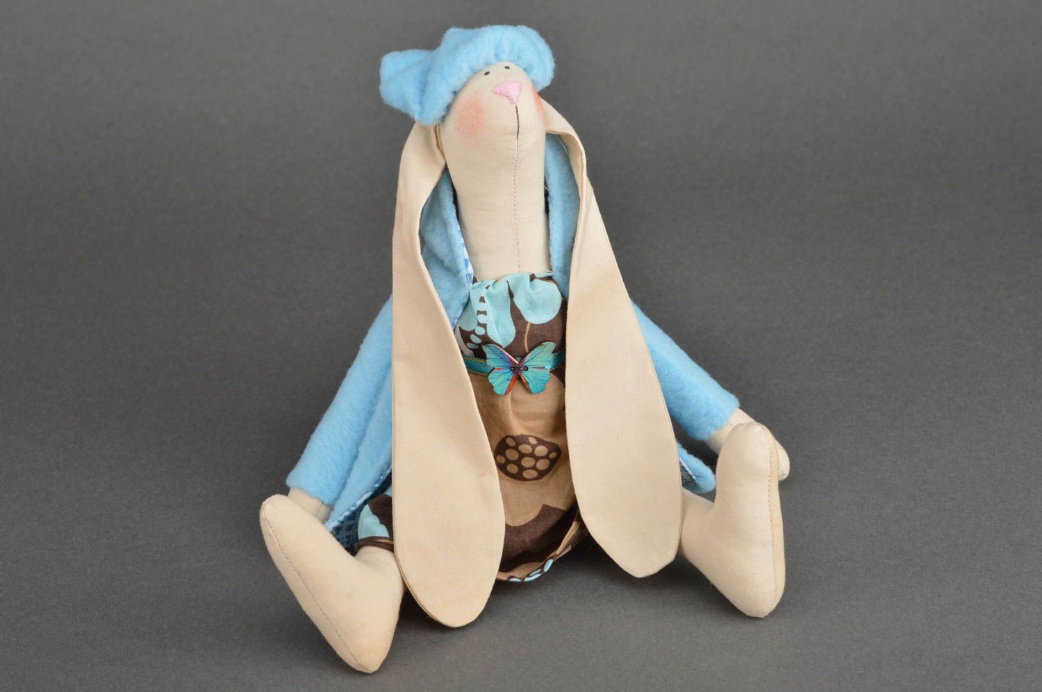 Beautiful handmade children's fabric soft toy hare in blue attire photo 2