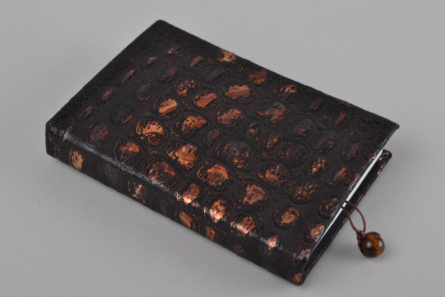 Handmade scrapbooking designer notebook with dark faux leather cover with bead photo 3