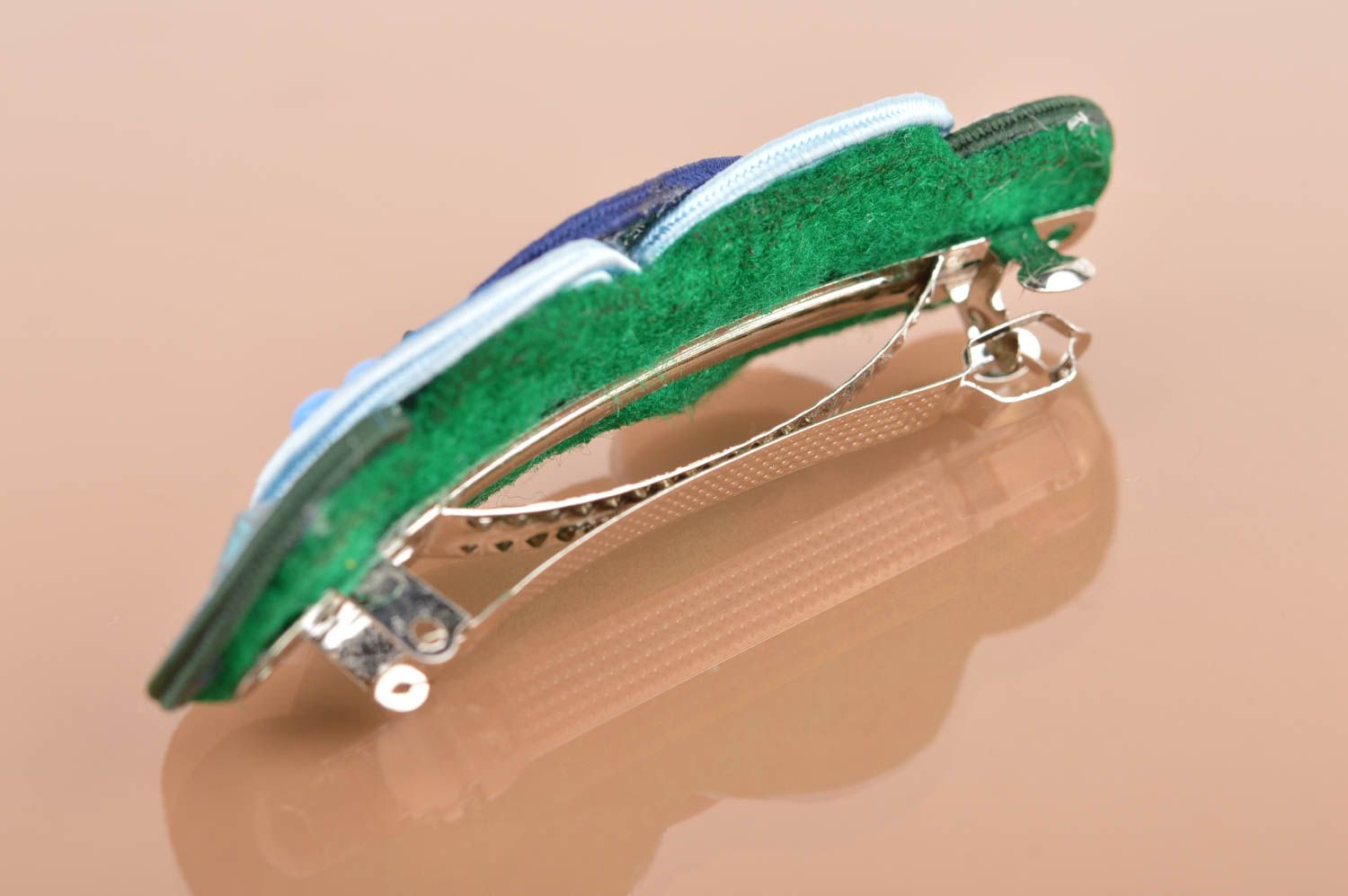 Beautiful handmade designer soutache barrette of emerald color with beads photo 4