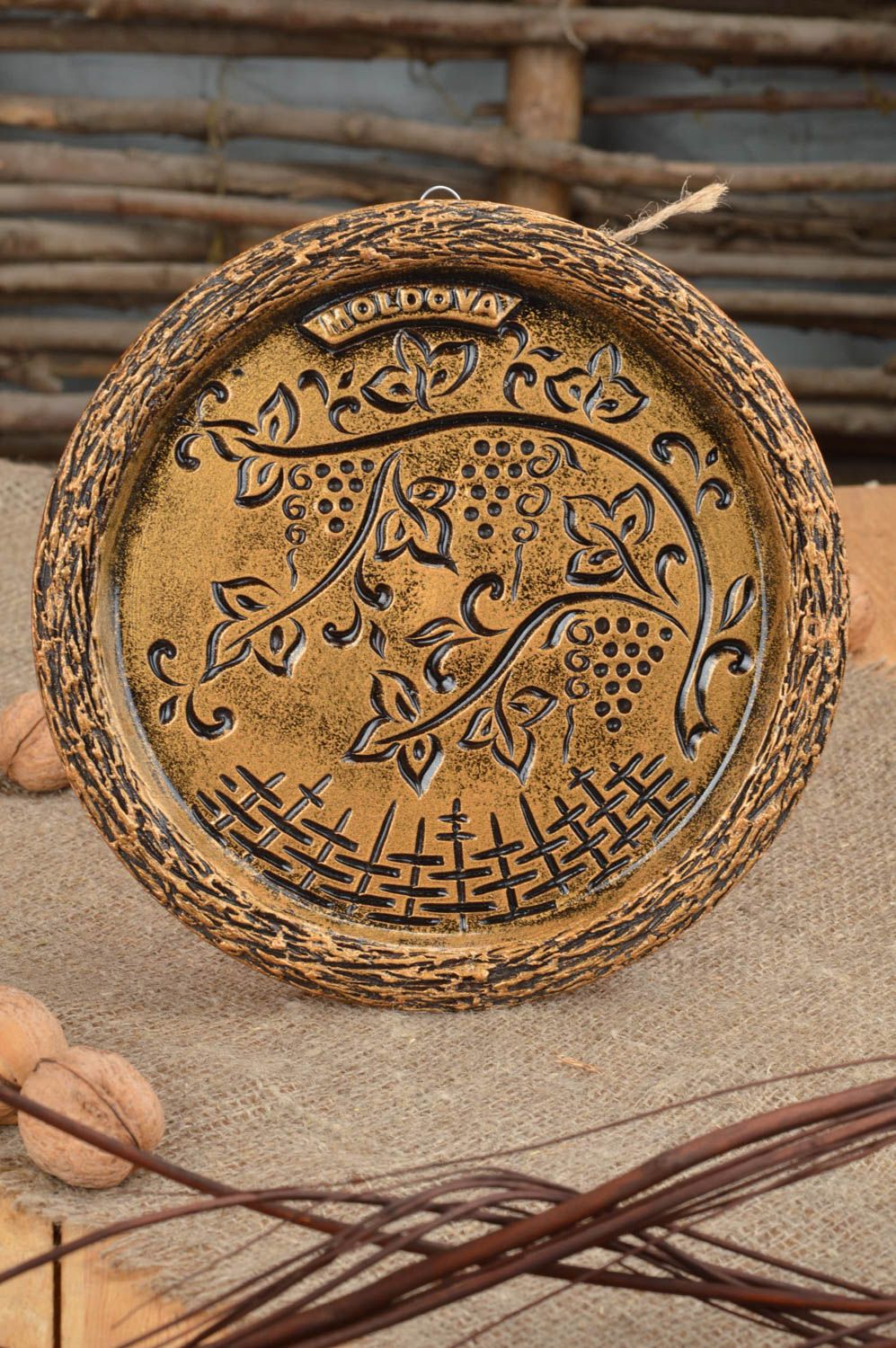 Керамическая тарелка декоративная настенная круглое панно ручной работы фото 1