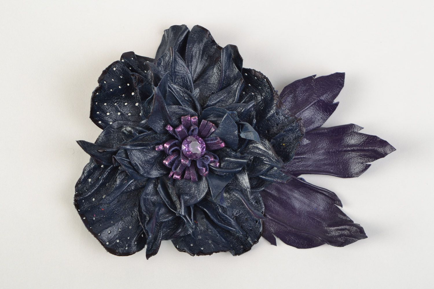 Handmade leather dark brooch in the form of volume flower beautiful accessory photo 3