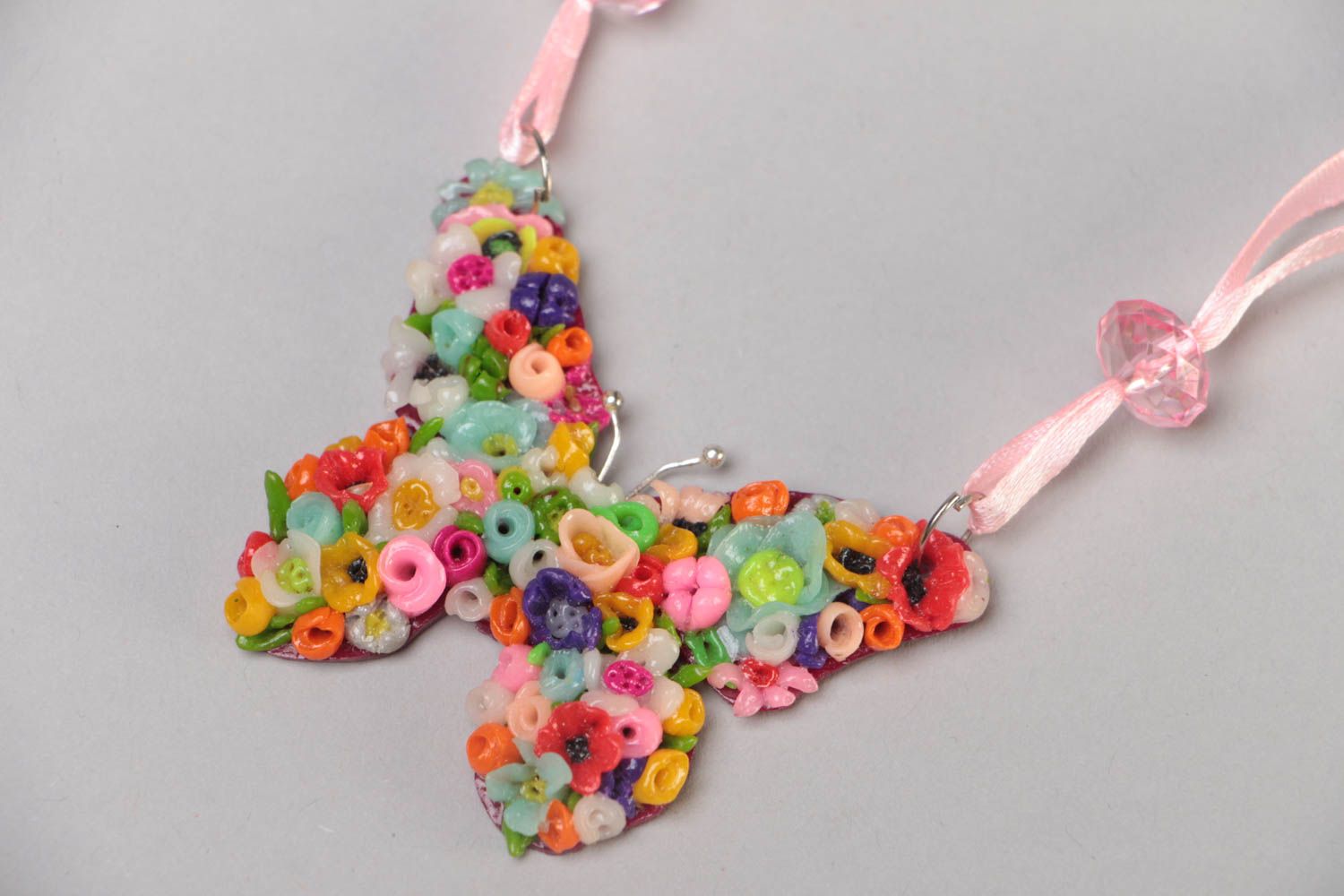 Handmade designer polymer clay pendant necklace on satin ribbon bright butterfly photo 3