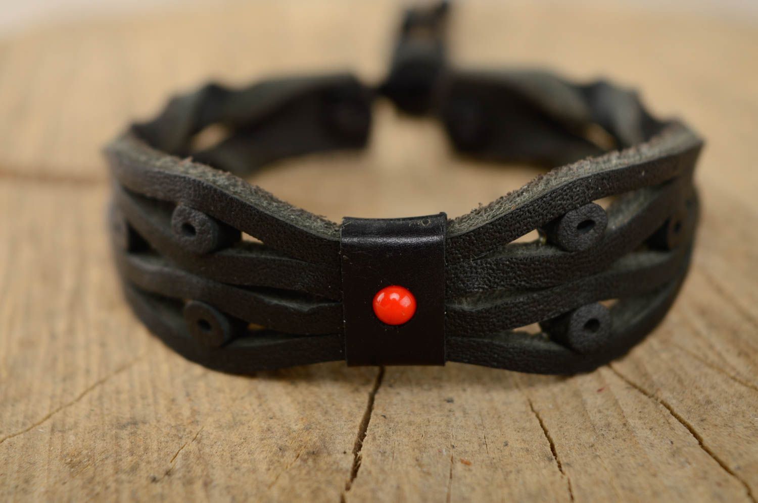 Bracelet fait main de vrai cuir avec tressage accessoire unisexe noir cadeau photo 1