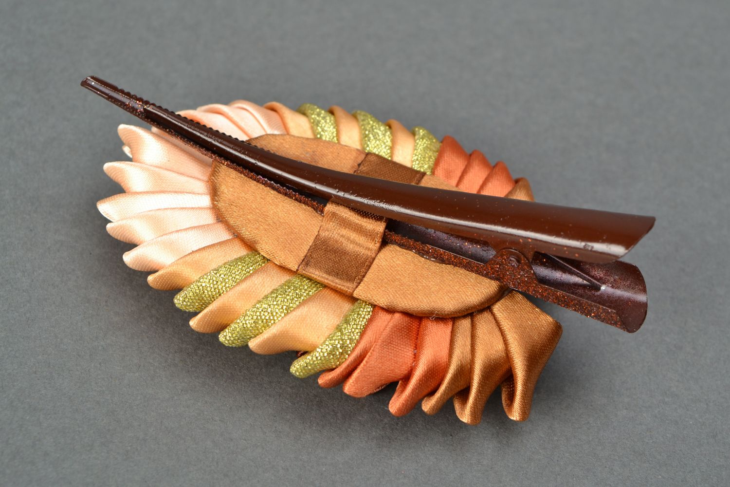 Kanzashi ribbon hair clip Feather of Firebird photo 4
