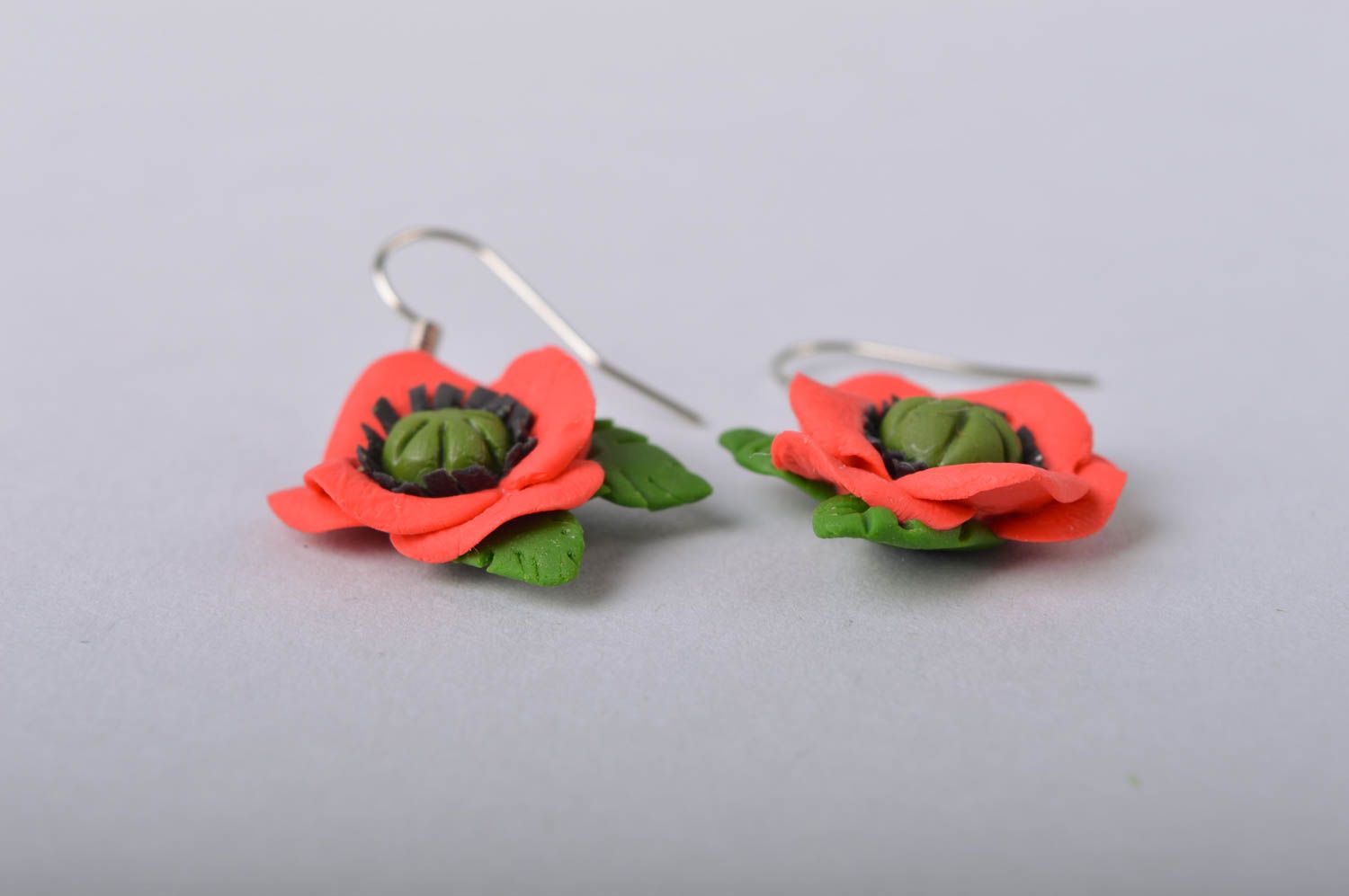 Handmade female big red and green flower earrings made of cold porcelain photo 4