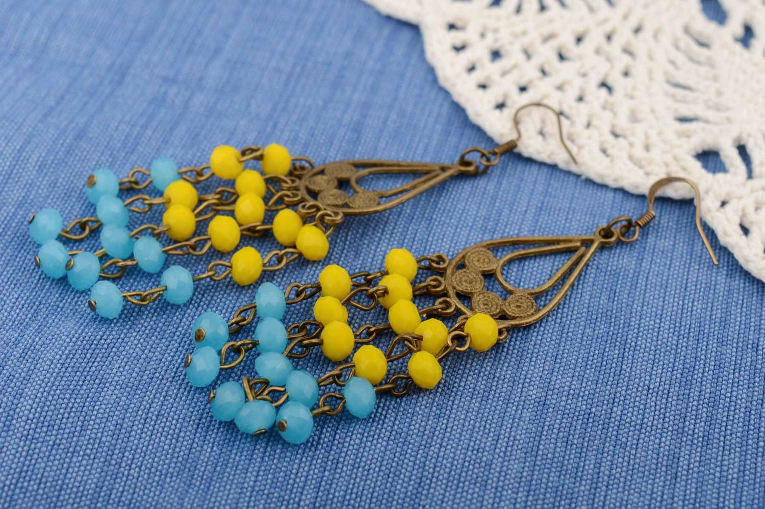 Handmade metal earrings with beads made of Czech crystal in Gypsy style photo 1