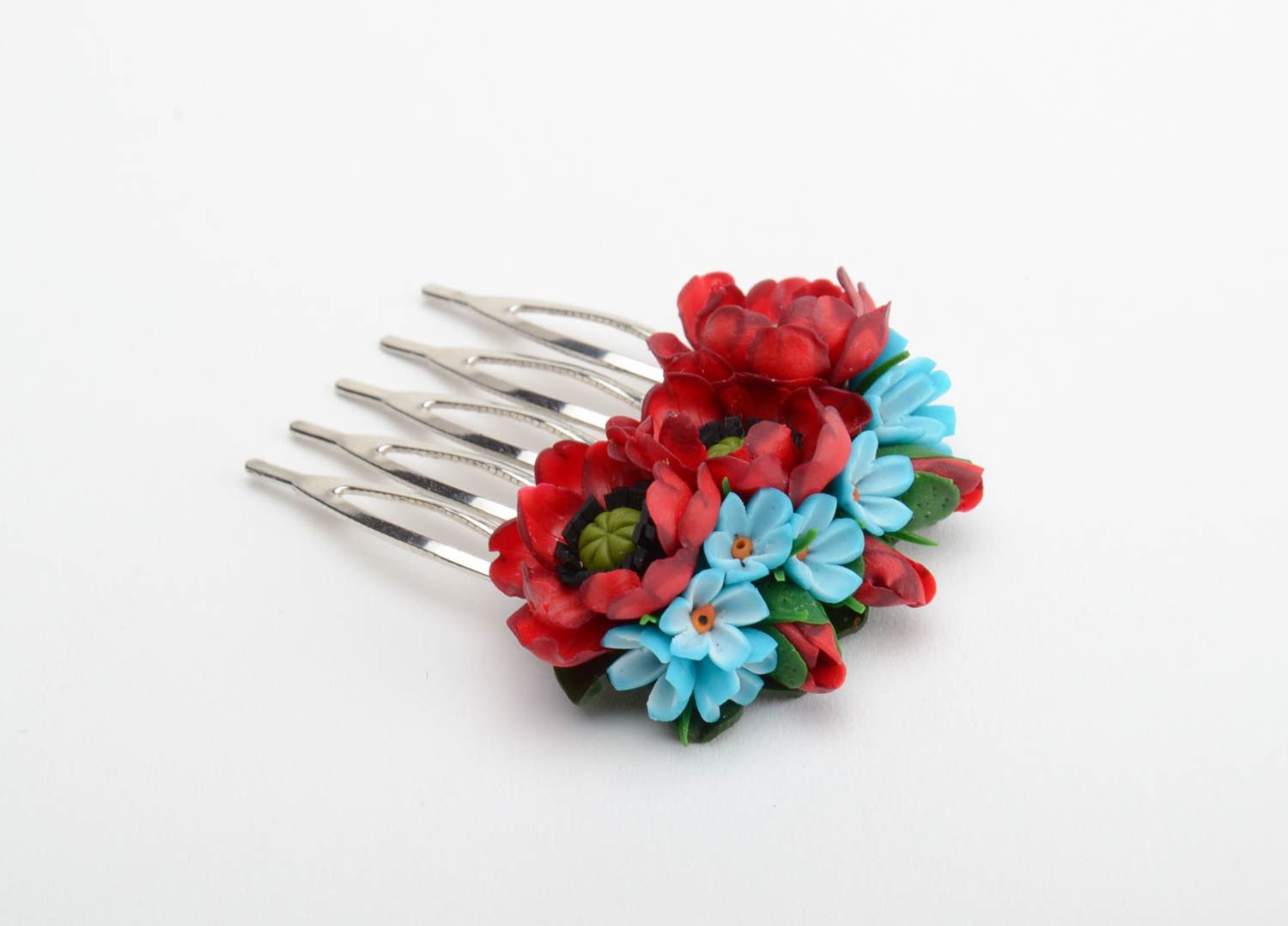 Handmade decorative hair comb with volume polymer clay red and blue flowers  photo 2