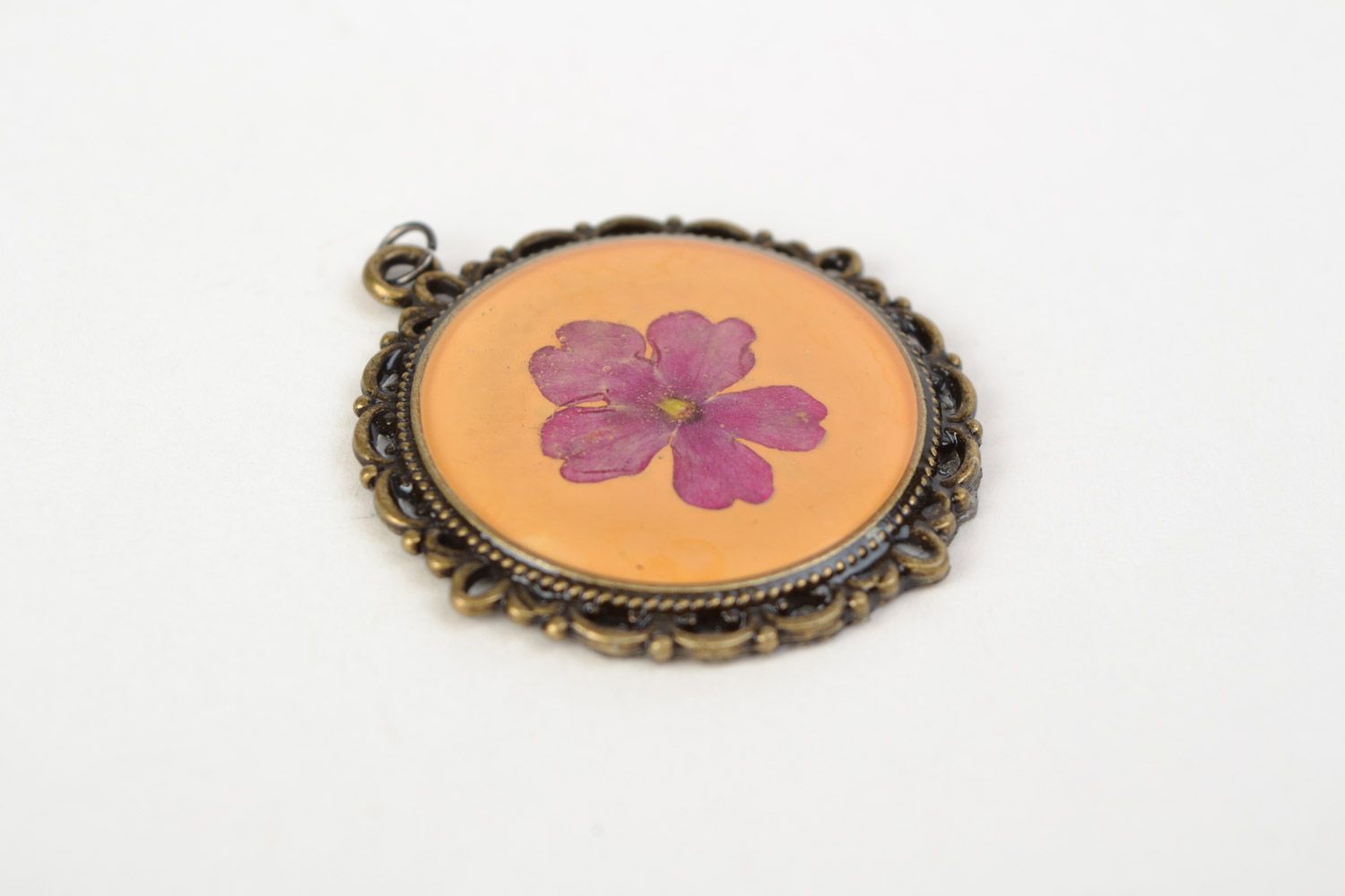 Handmade round pendant with vintage metal basis and flower in jewelry resin photo 3