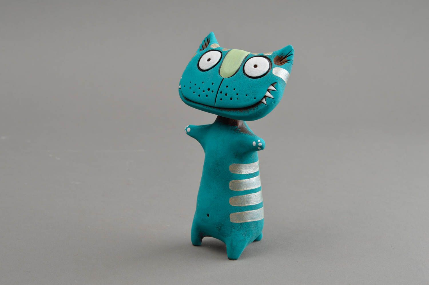 Keramische Statuette Katze gestreift schön grell handgemacht für Interieur toll foto 3