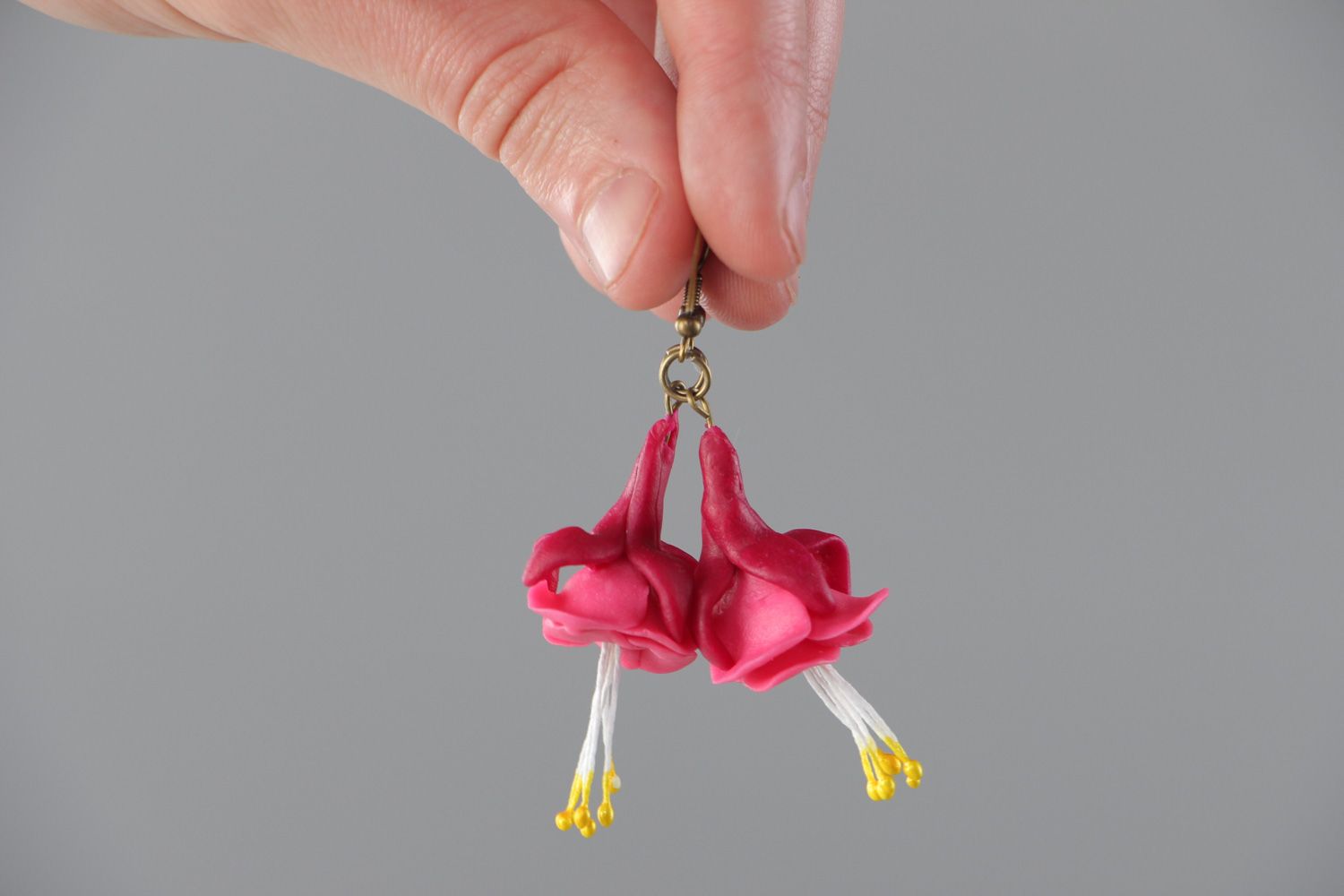 Bright pink handmade floral dangle earrings molded of polymer clay for women photo 5