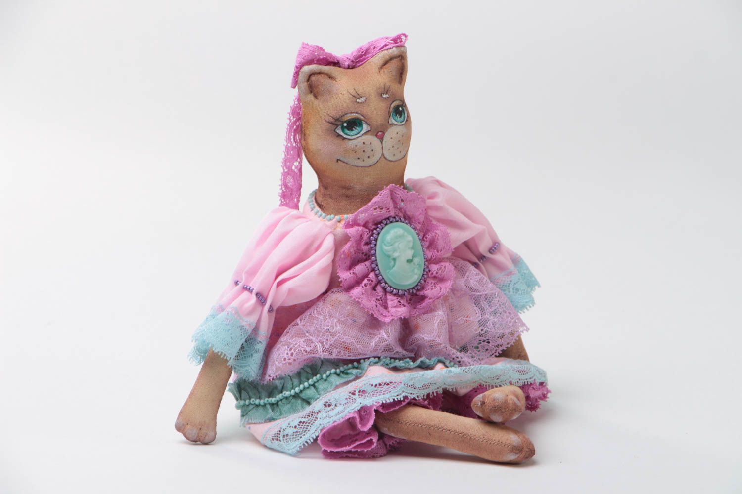 Handmade designer vintage fabric soft toy cat in festive pink dress with lace photo 2