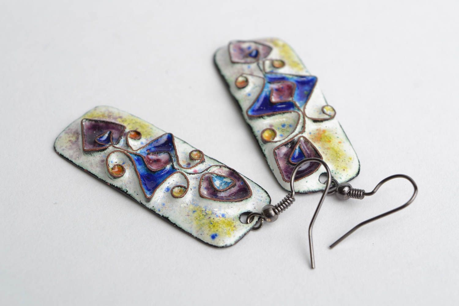 Handmade long rectangular copper earrings with enamel painting Violet Buds photo 3