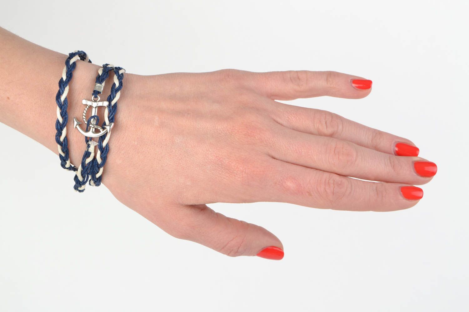 Bracelet en cordon tressé ciré large bleu-blanc original fait main avec ancre photo 2
