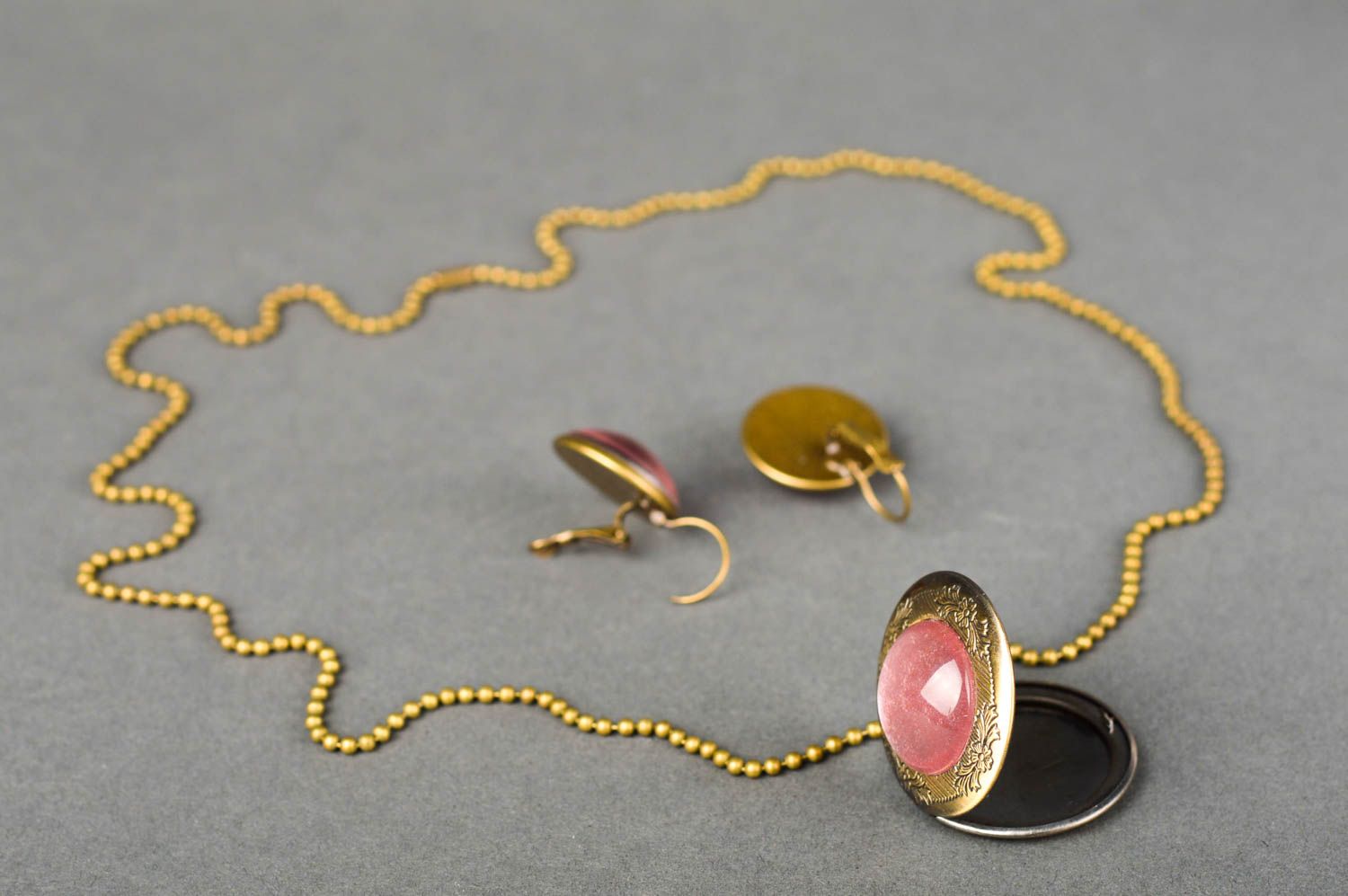 Schmuck Set handmade Mode Accessoires Halskette mit Anhänger Damen Ohrringe rosa foto 3