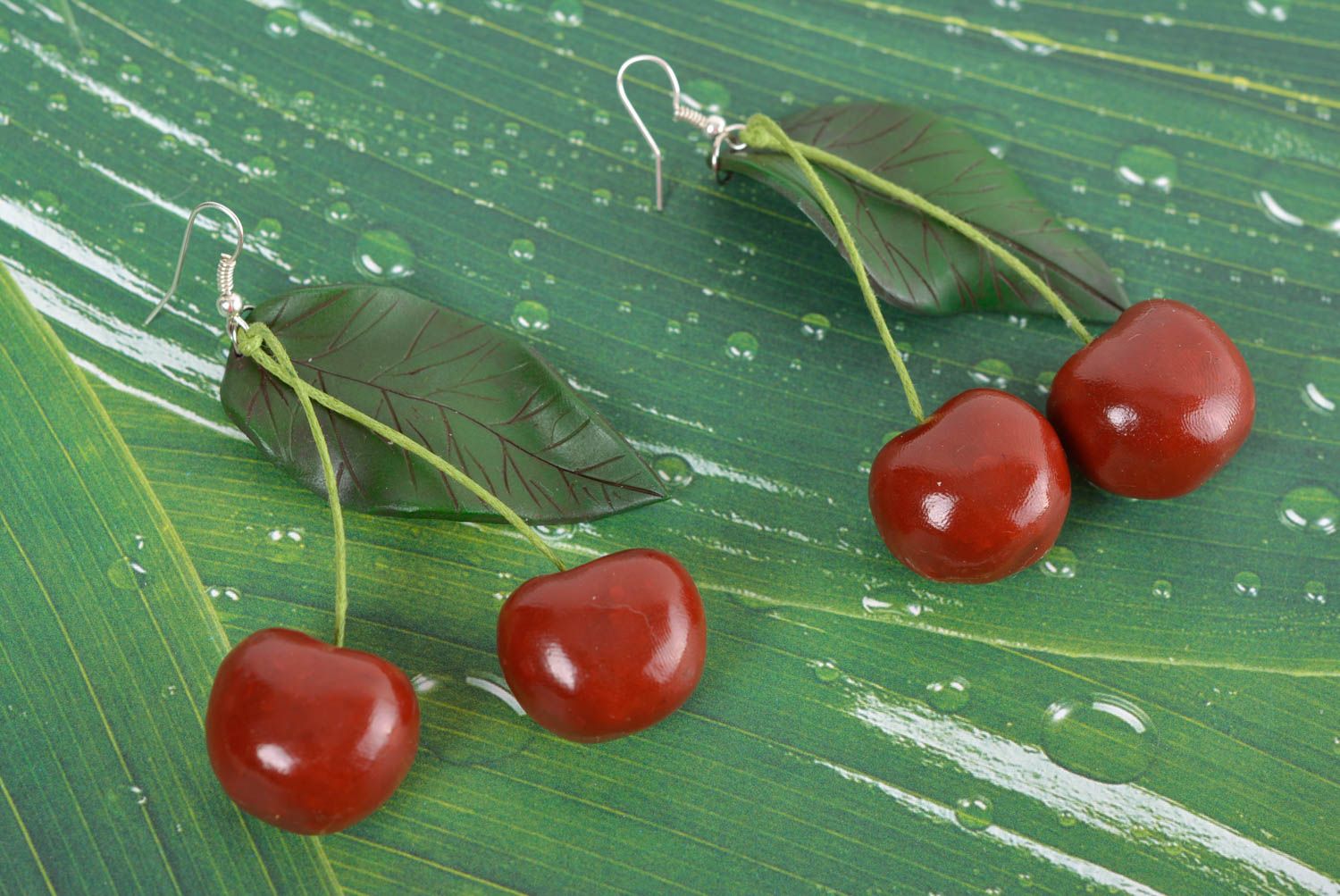Earrings made of polymer clay in the form of red cherries long handmade jewelry photo 1