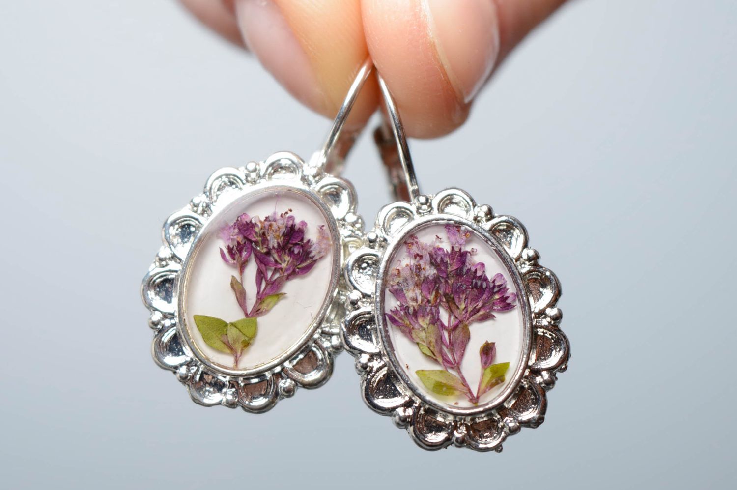 Epoxy earrings with marjoram flowers photo 2