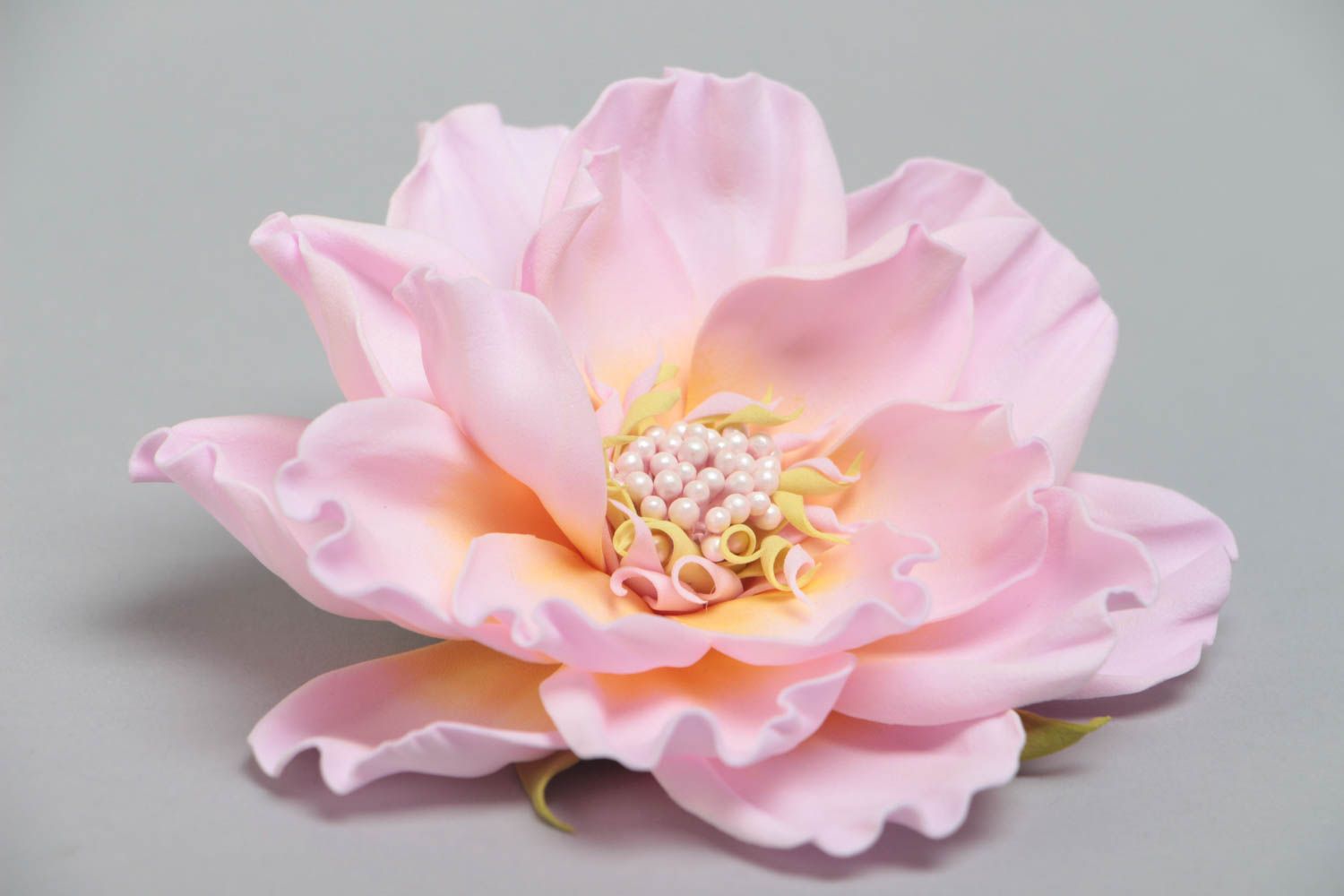 Handmade designer brooch hair clip with tender pink volume foamiran flower photo 3