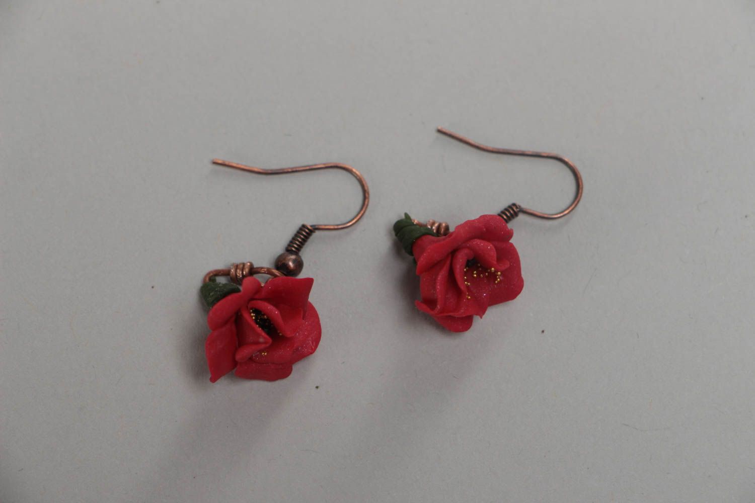 Long earrings made of polymer clay with red poppies flowers handmade accessory photo 2