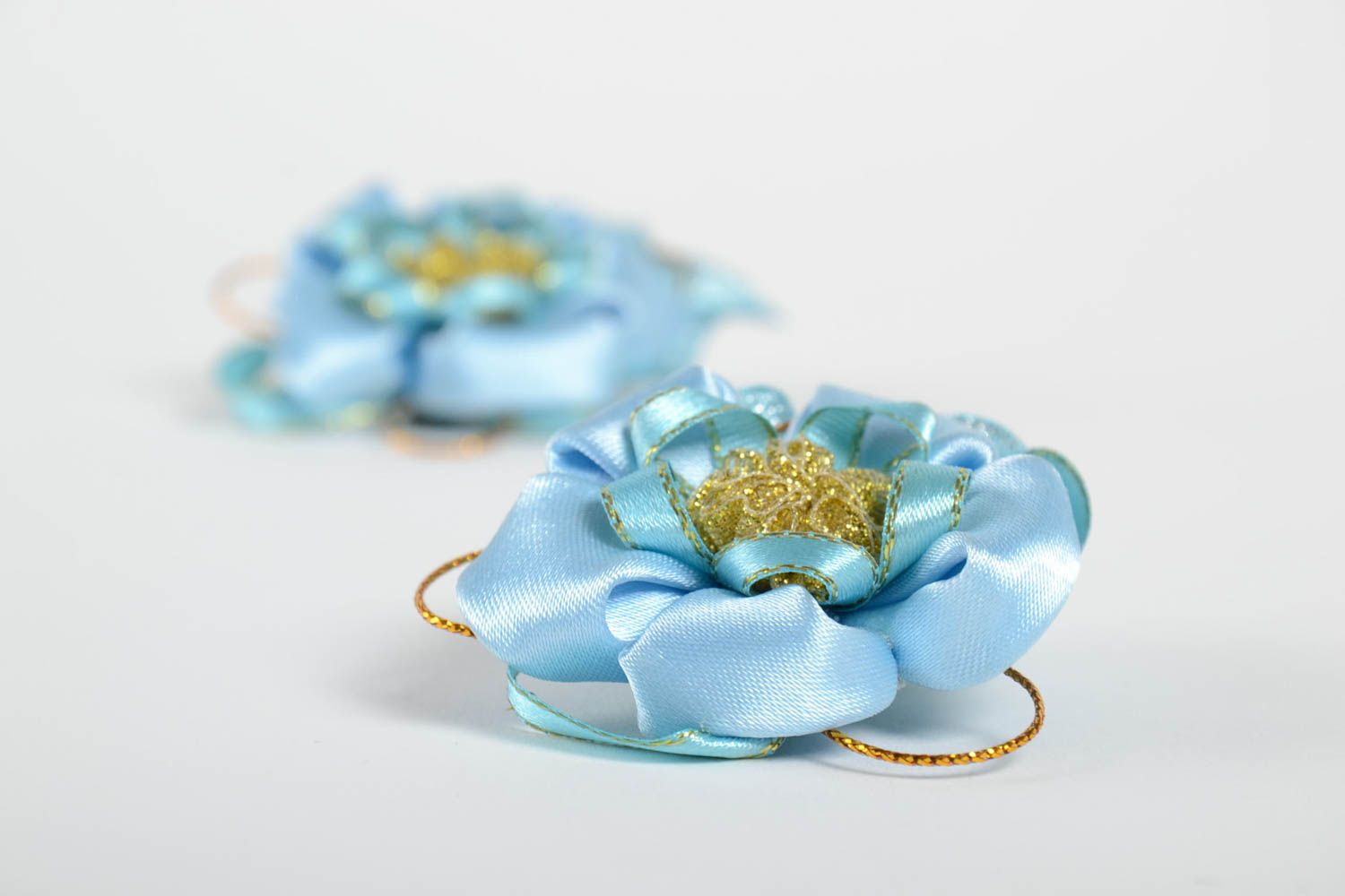 Blue handmade hair clips set of flower hair clips stylish accessories 2 pieces photo 4