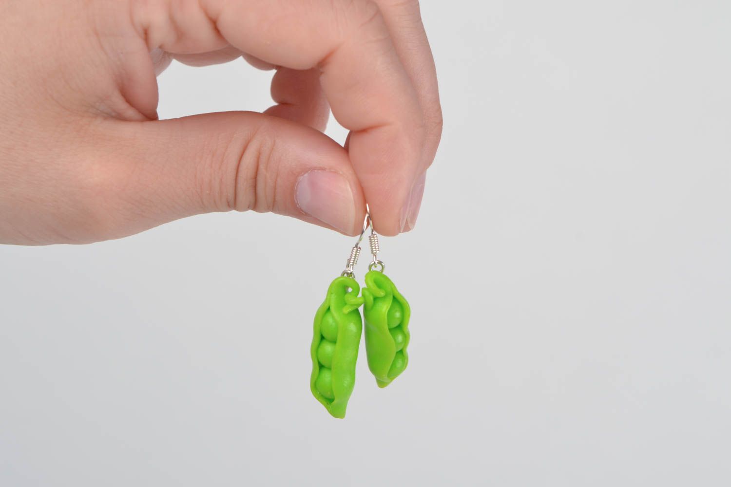 Unusual handmade polymer clay earrings of lime color Pea Pods photo 2