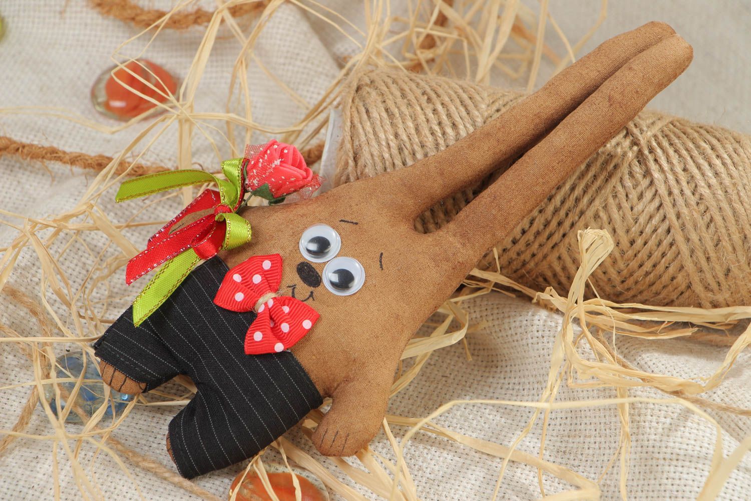 Handmade fridge magnet soft toy sewn of cotton fabric with coffee aroma Rabbit photo 1