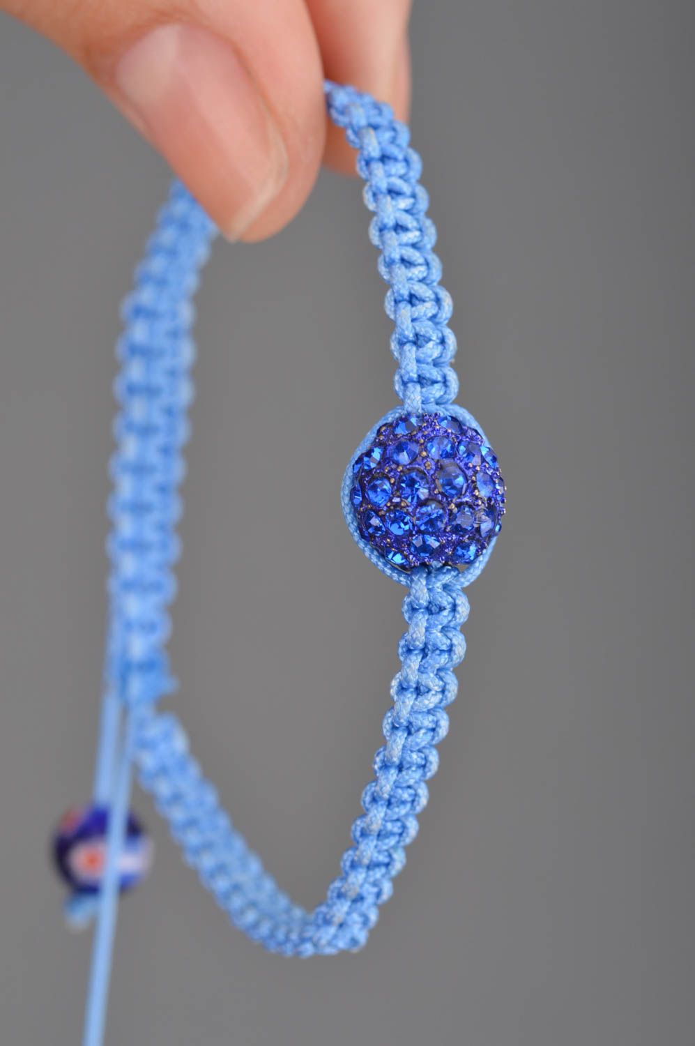 Blue woven adjustable unusual cute wrist bracelet made of laces with bead photo 3