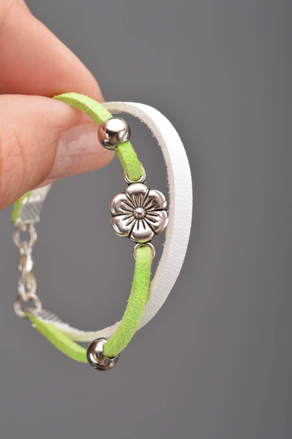 Children's handmade beautiful thin suede bracelet with charms green and white photo 2