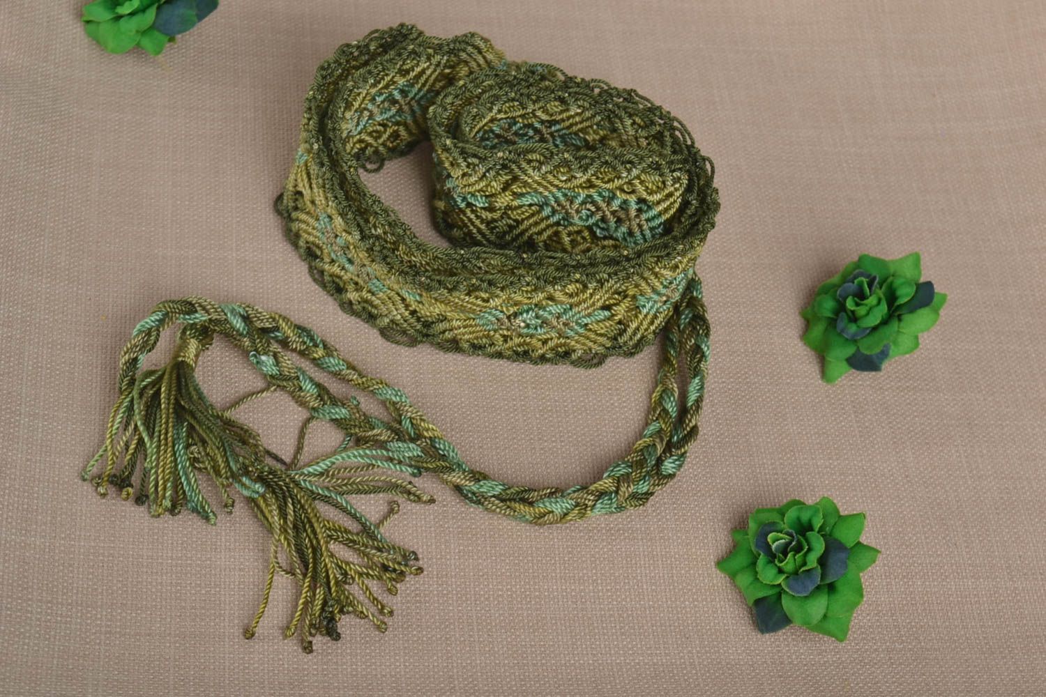 Женский ремень пояс ручной работы пояс для талии зеленый на завязках плетеный фото 1