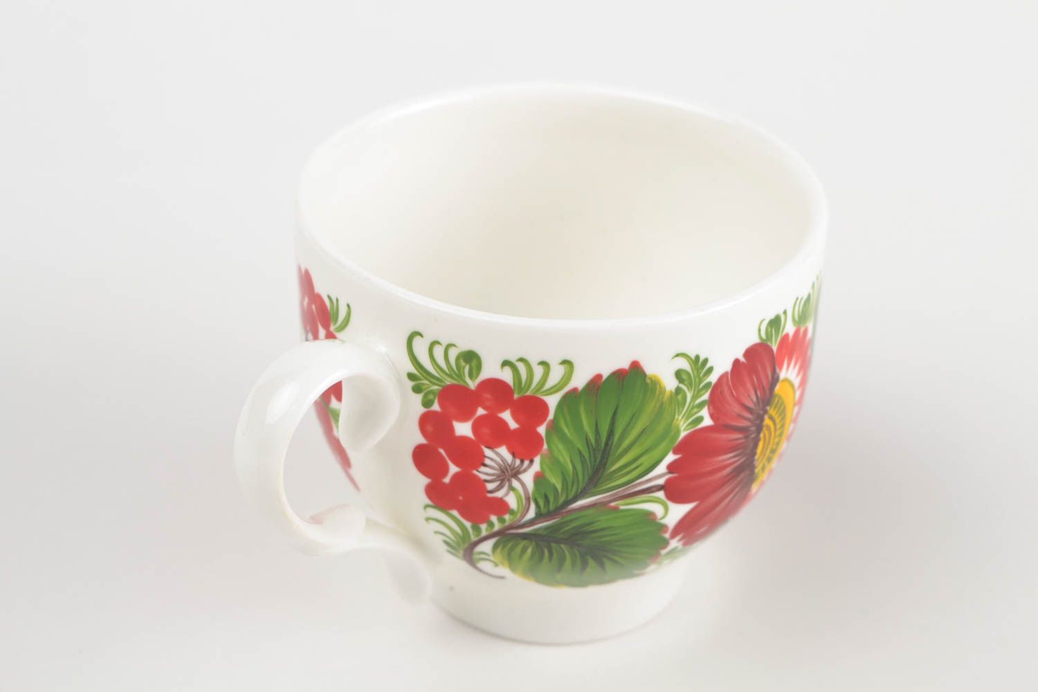 7 oz porcelain tea cup in white, green, red floral design with handle photo 4