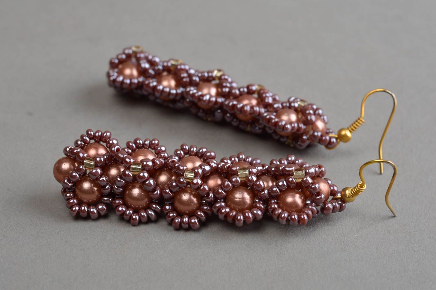 Handmade earrings with charms beaded brown jewelry long stylish accessory photo 3