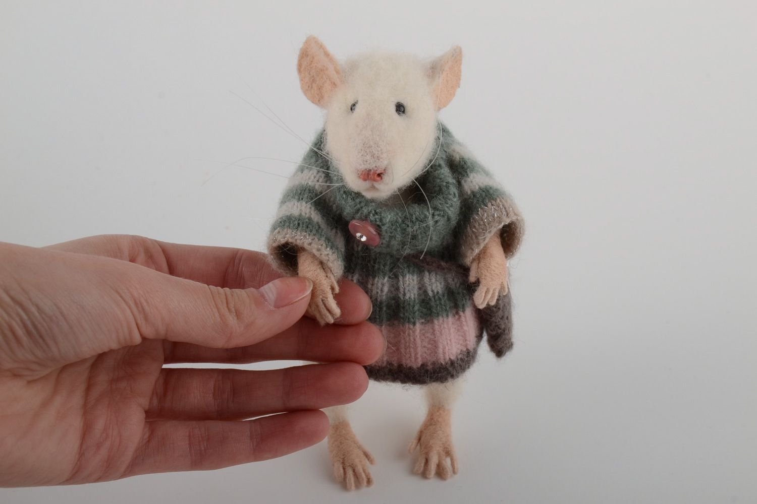 Small handmade interior soft toy felted of natural wool in the shape of mouse photo 5
