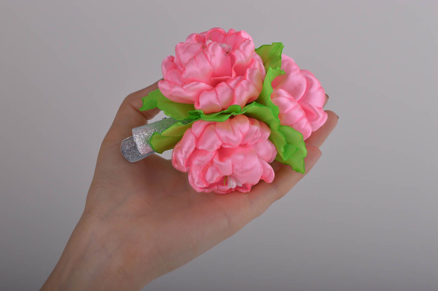 Заколка с цветком handmade аксессуар для волос большая розовая заколка для волос фото 3