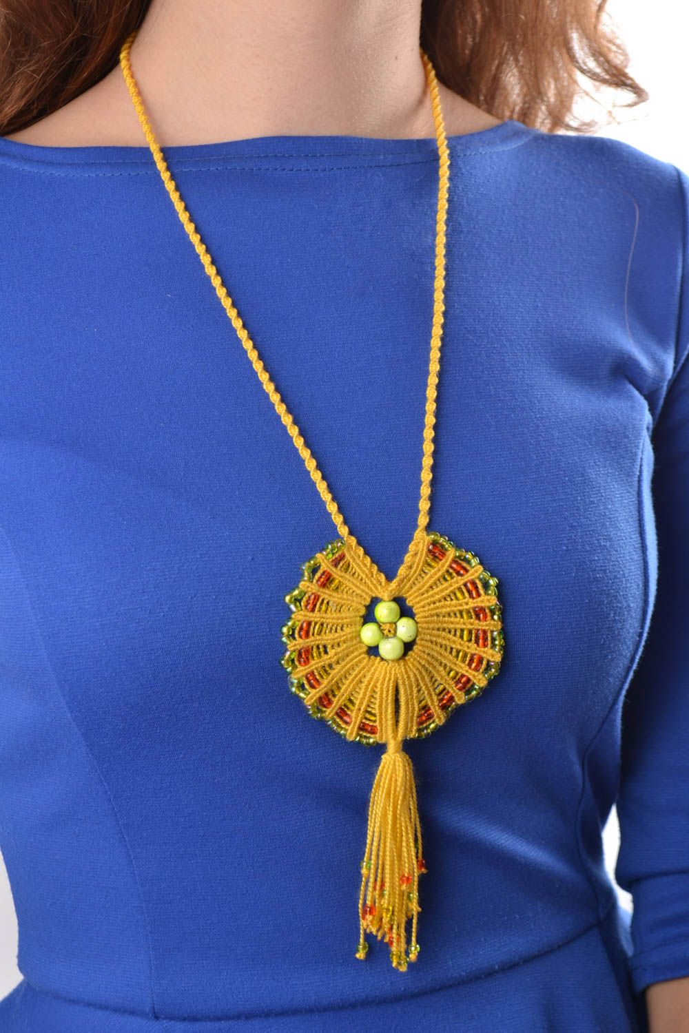 Large macrame necklace with yellow beads handmade stylish thread jewelry photo 1