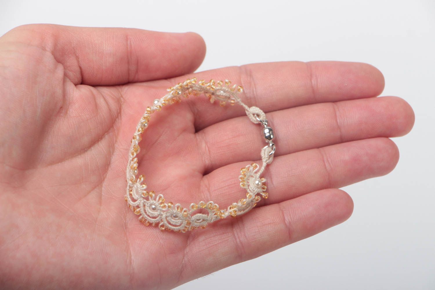 Handmade wrist bracelet openwork festive accessory white cotton jewelry photo 5