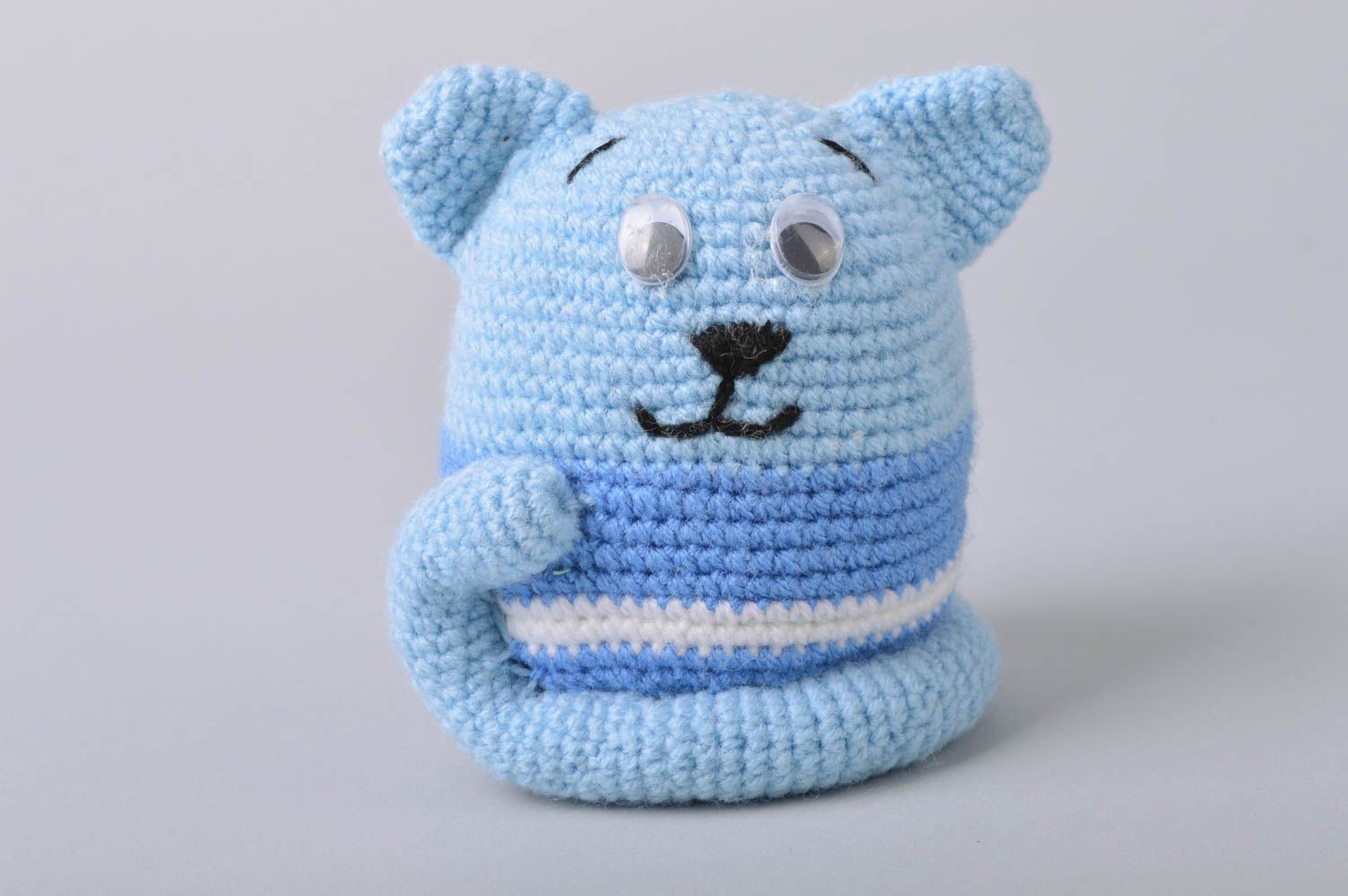 Handmade soft toy crocheted of semi cotton threads blue kitten for children photo 2