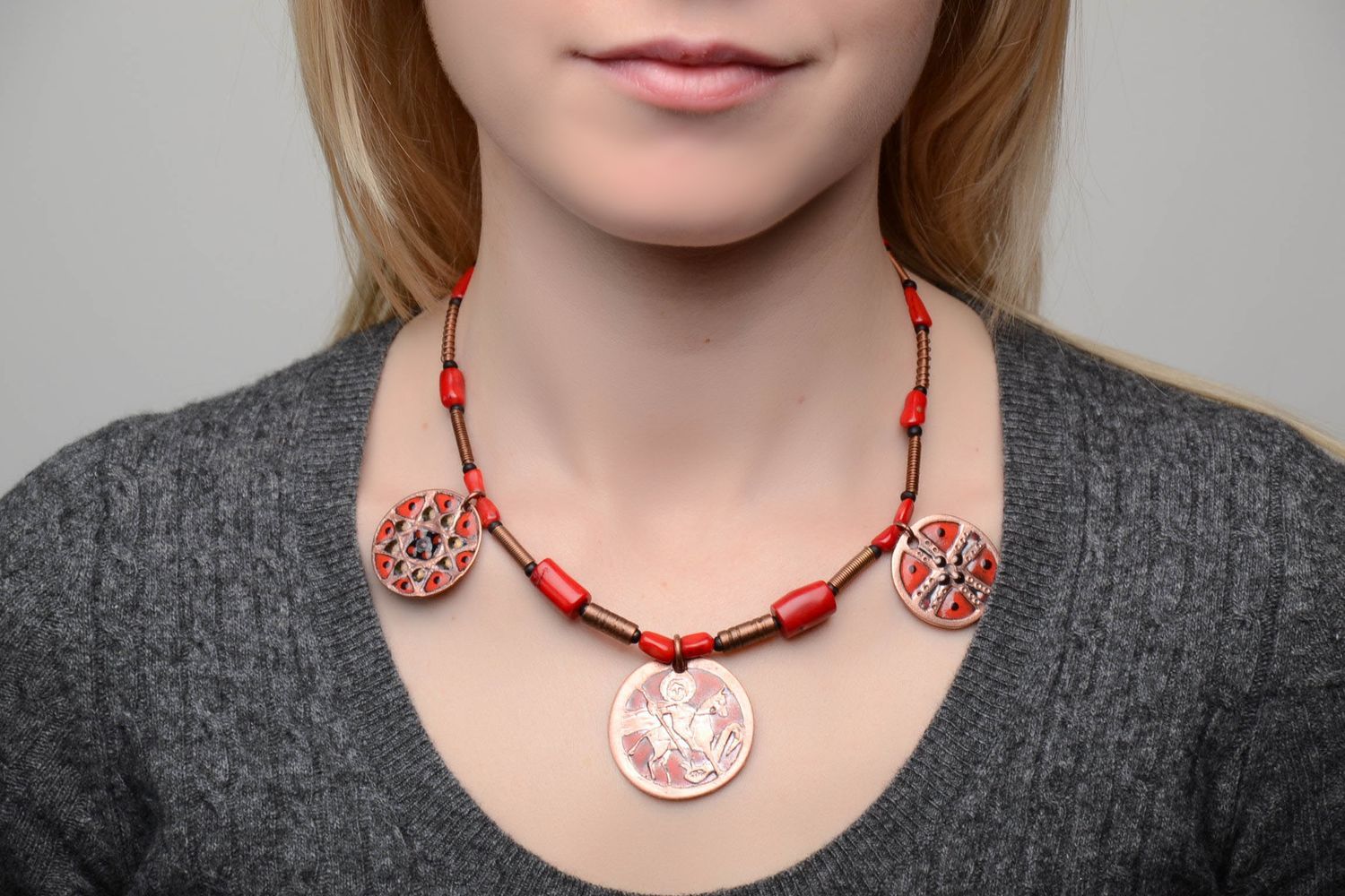 Copper necklace with coins painted with enamels photo 2