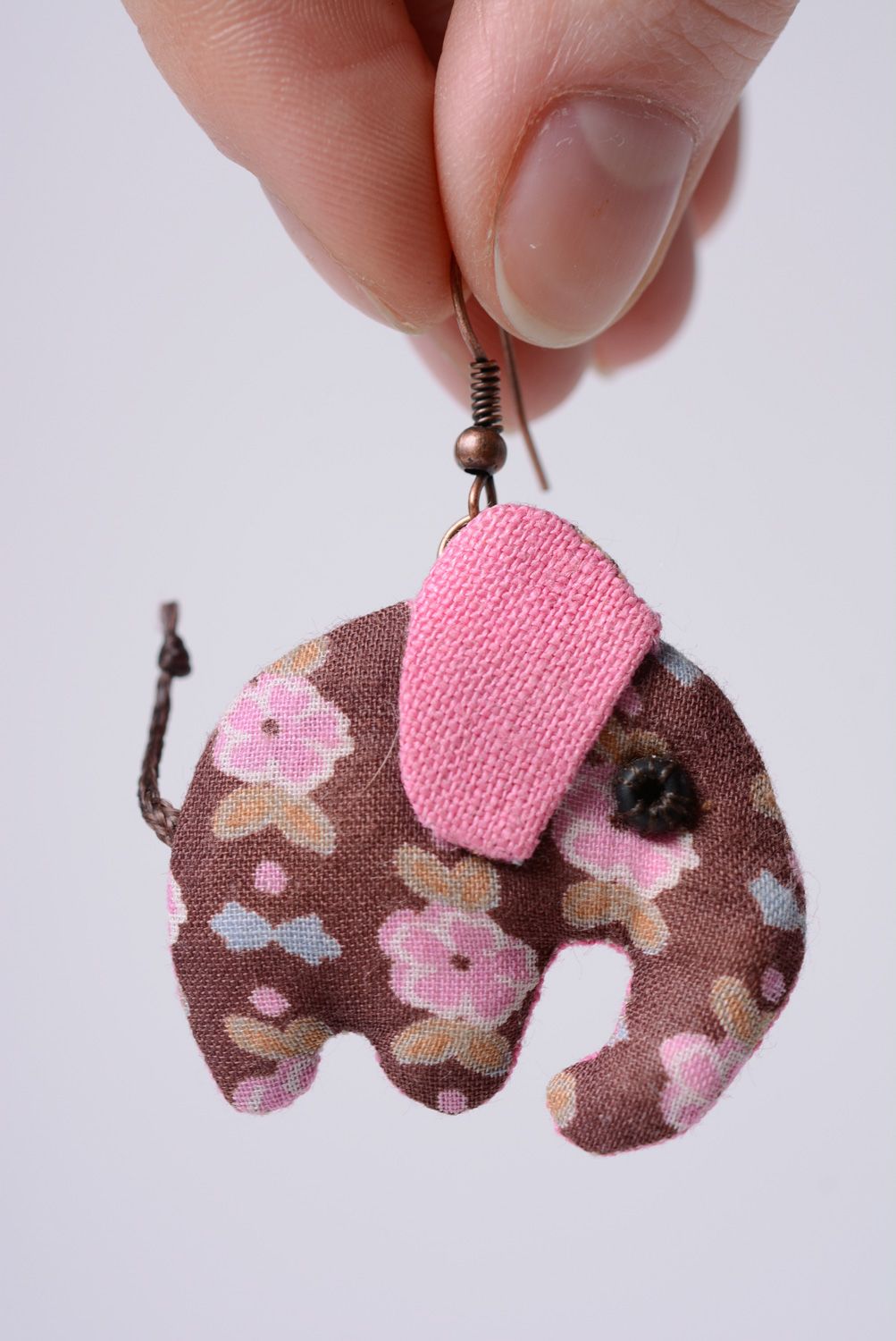Handmade designer dangle earrings sewn of fabric elephants in pink color palette photo 5