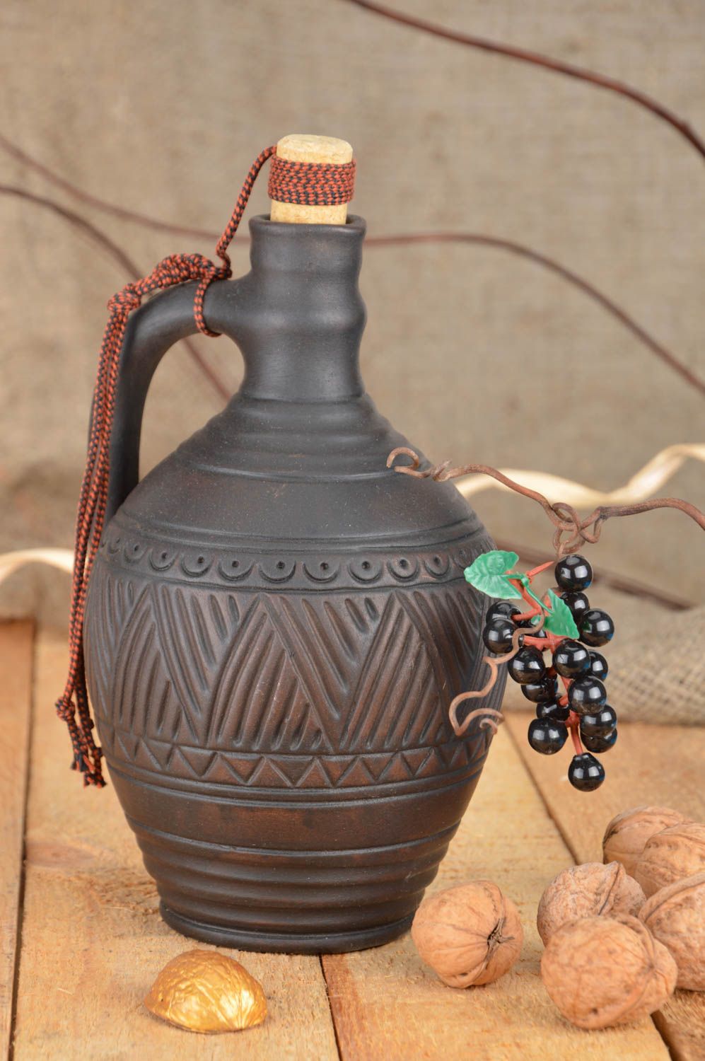 Handmade dark ceramic bottle kilned with milk with wooden cork for 300 ml photo 1