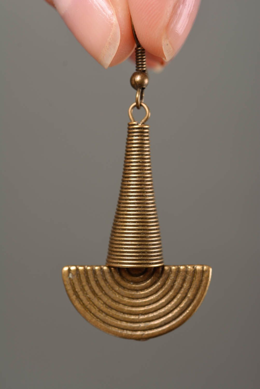 Designer long handmade metal dangle earrings of copper color for ladies photo 2