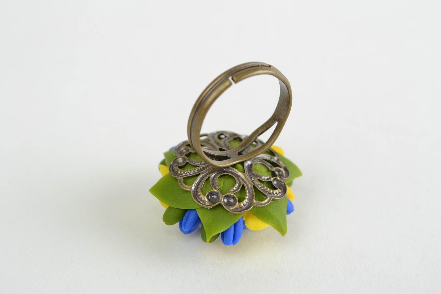 Blue and yellow handmade designer cold porcelain flower ring photo 5