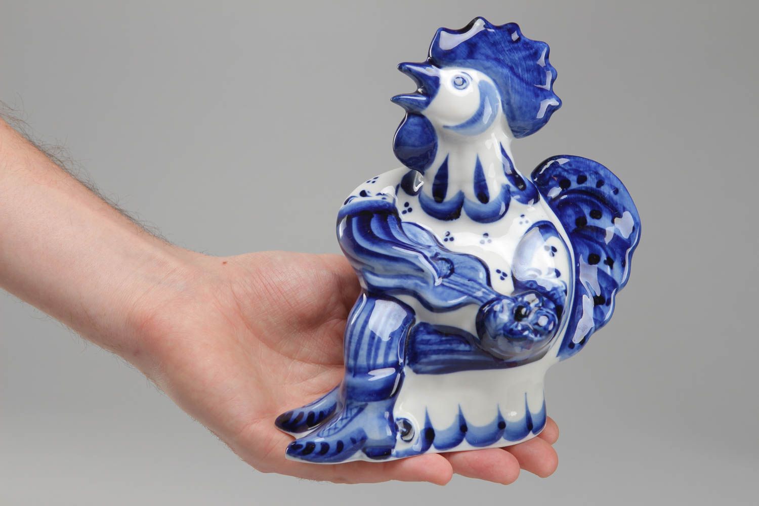Figurine en porcelaine faite main Coq bleu blanc décoré de peinture de Gjel photo 4