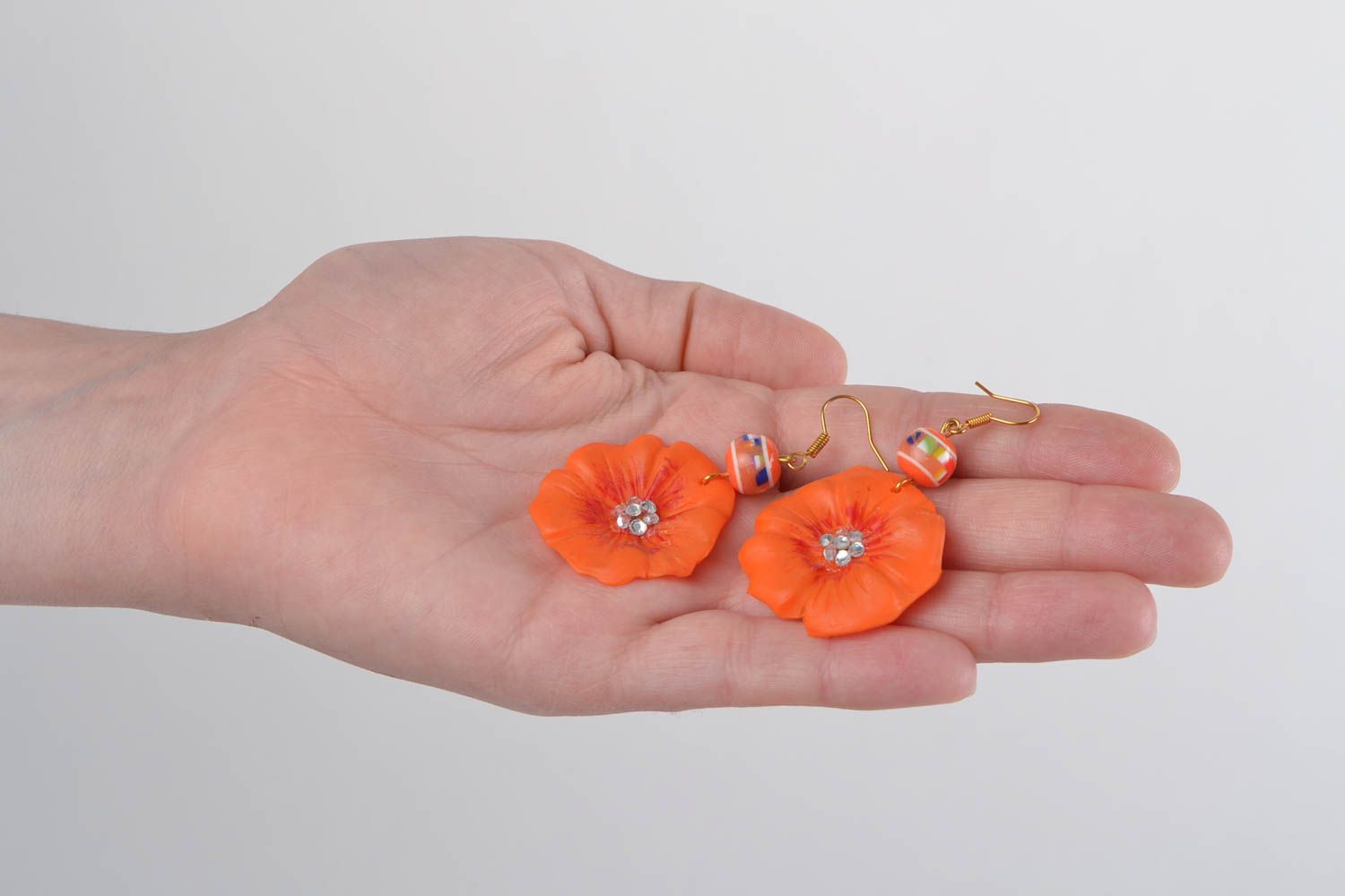 Bright orange handmade long polymer clay flower earrings photo 2